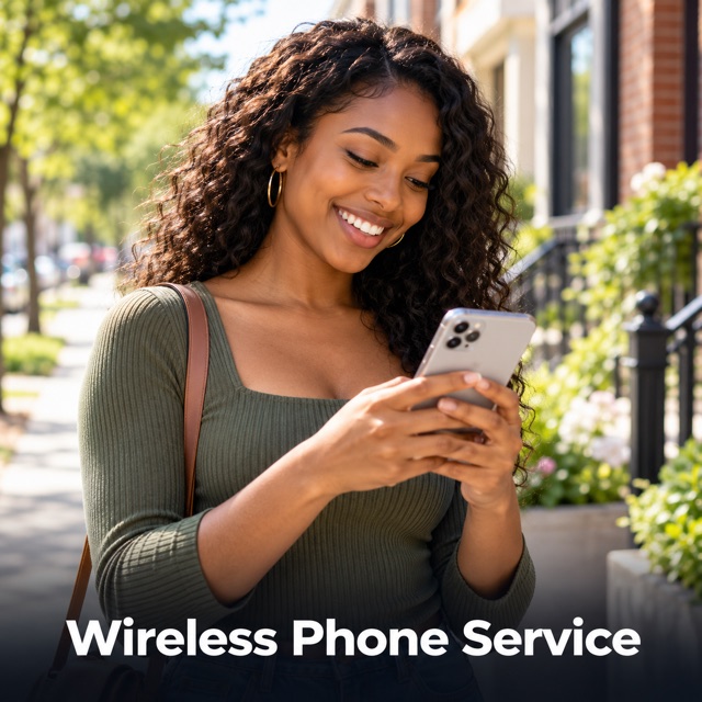 A woman walking along a tree-lined street, smiling at the phone in her hands